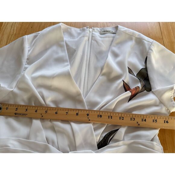 FEHAUTE White Leaf Short Sleeve Satin Wrap Sheath Midi Dress SZ 6 - Picture 8 of 11